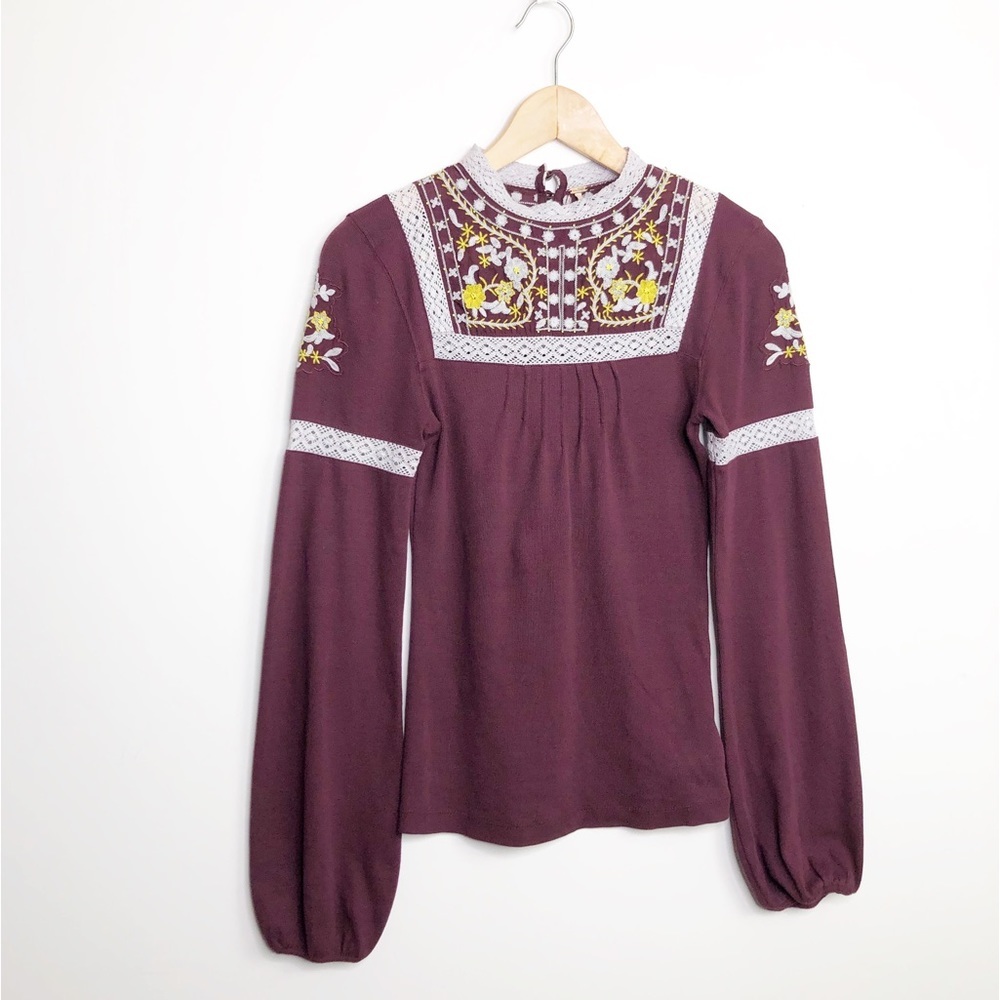 FREE People burgundy embroidered BoHo blouse - Picture 12 of 12